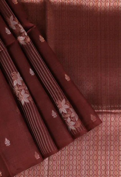 Berry Red Tussar Saree with Copper And Silver Zari Stripes And Puttas