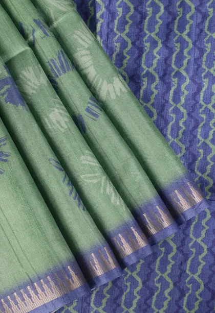 Sage Green Semi Tussar Silk Without Zari With Geometric Shapes