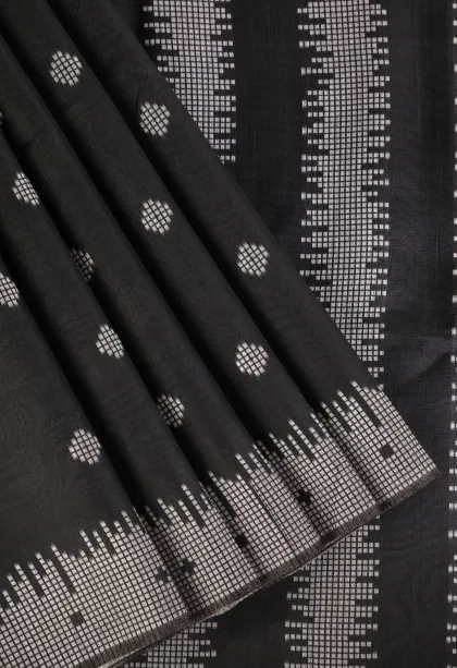 Asphalt Black Semi Tussar Silk with Thread Zari Buttis (small Dots Or Motifs)