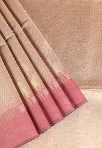 Salmon Pink Tussar Saree with Gold Zari Animal Mottif