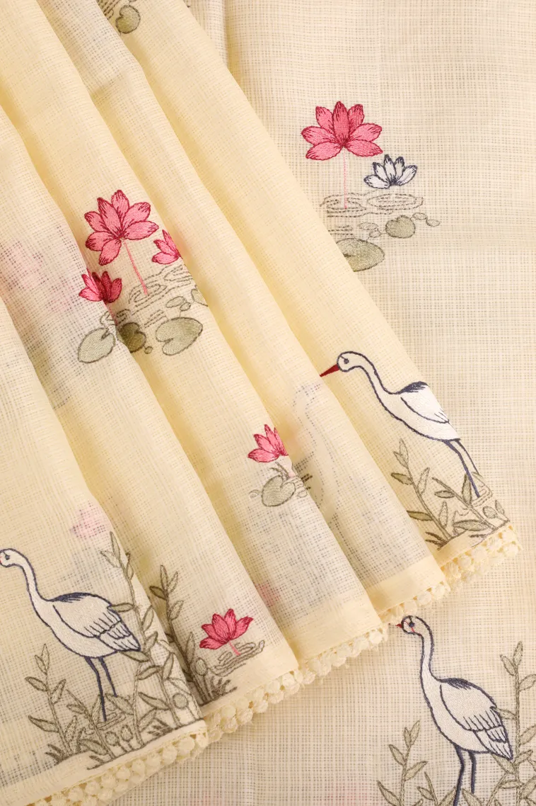 Sandollar Yellow Manipuri Cotton Sarees with Thread Zari Birds And Floral Pattern view 1