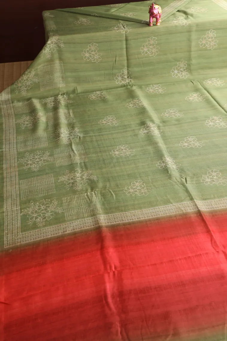 Olive Green Semi Tussar Silk Without Zari With Geometric Shapes view 2