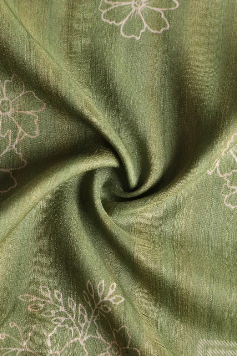 Olive Green Semi Tussar Silk Without Zari With Geometric Shapes view 4