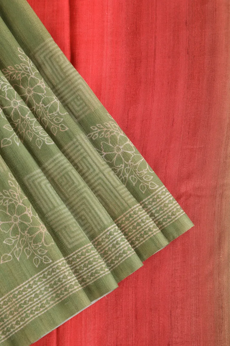 Olive Green Semi Tussar Silk Without Zari With Geometric Shapes
