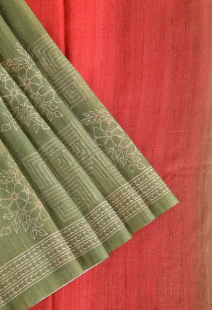 Olive Green Semi Tussar Silk Without Zari With Geometric Shapes