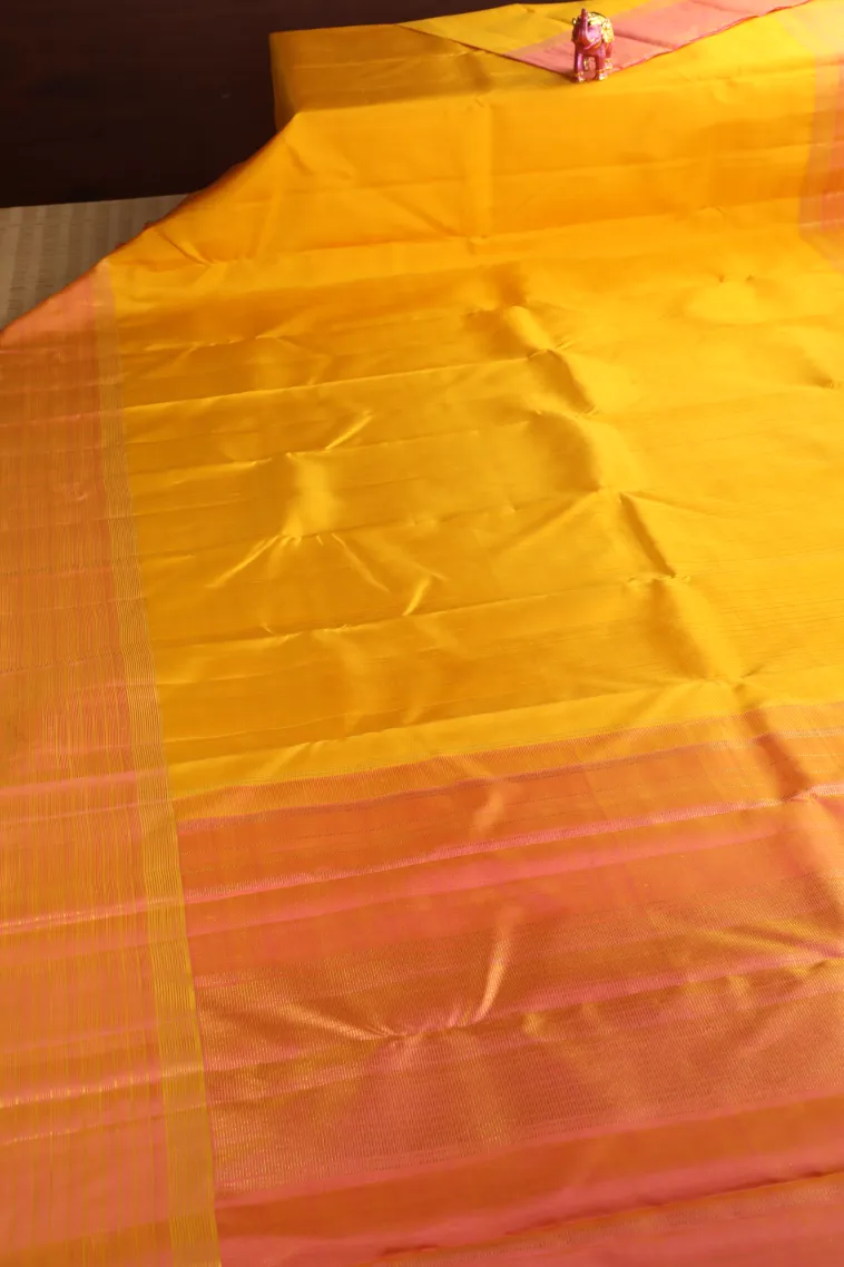 Lemon Yellow Kanchipuram Silk Sarees with Gold Zari Stripes view 2