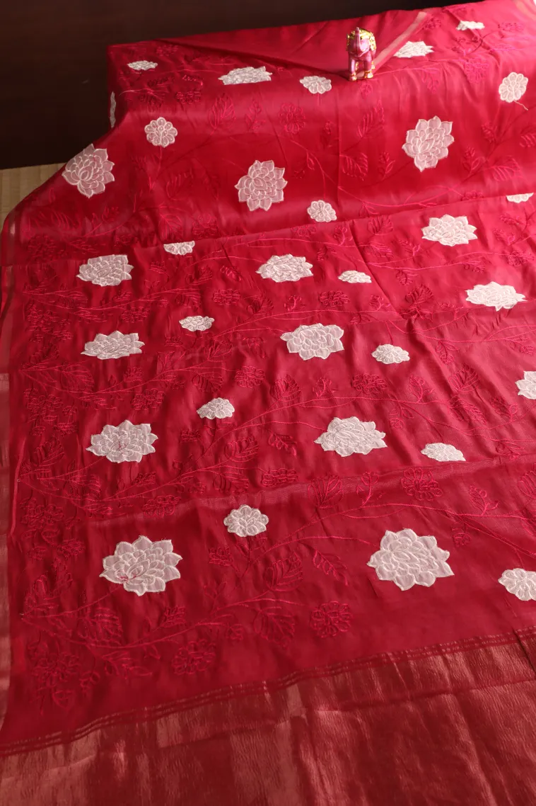 Punch Pink Tissue Silk Sarees with Gold Zari Floral Patterns view 2
