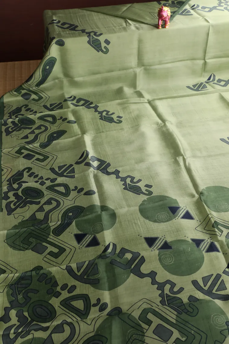 Sage Green Soft Silk Sarees Without Zari With Geometric Shapes view 2