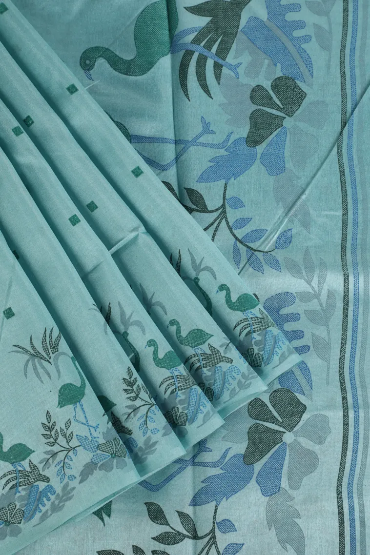 Sky Blue Semi Tussar Silk Without Zari With Birds Mottif