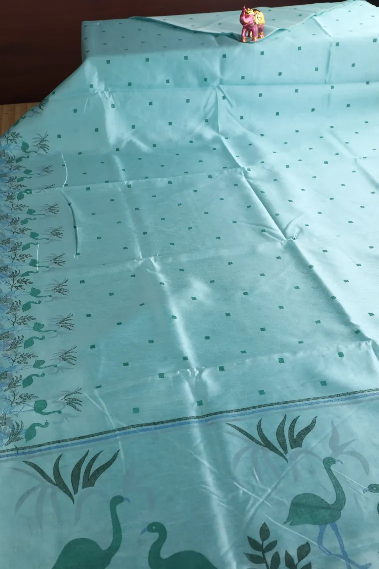 Sky Blue Semi Tussar Silk Without Zari With Birds Mottif view 2
