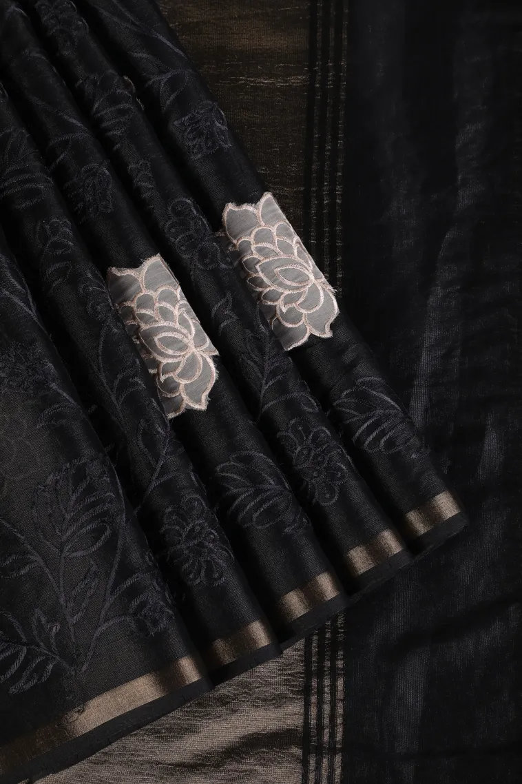 Asphalt Black Tissue Silk Sarees with Gold Zari Floral Patterns