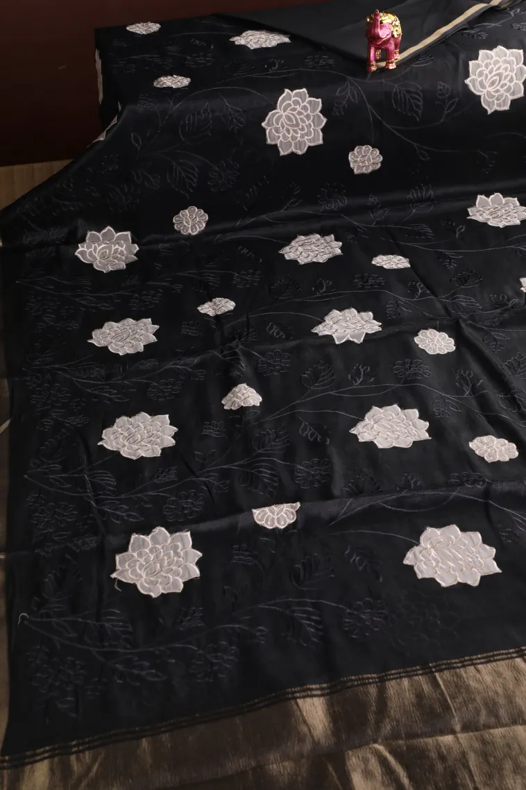 Asphalt Black Tissue Silk Sarees with Gold Zari Floral Patterns view 2