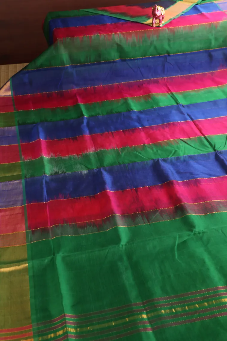 Basil Green Silk Cotton with Gold Zari Stripes view 2