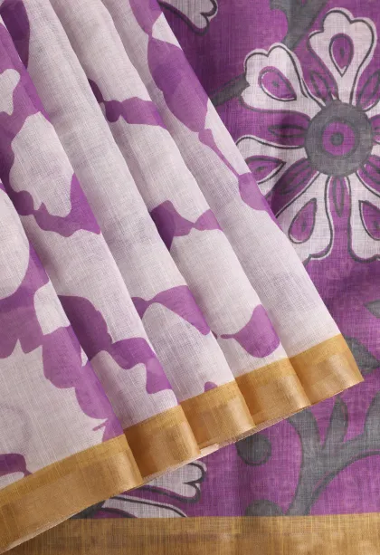 Cotton White Linen Saree Without Zari With Geometric Shapes