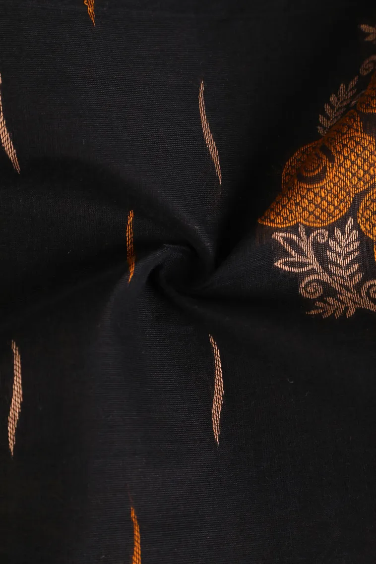 Asphalt Black Pure Handloom Kovai Cotton Without Zari With Leaf Pattern view 4