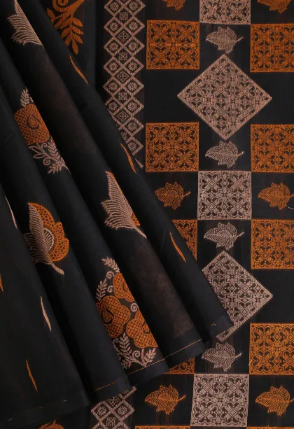 Asphalt Black Pure Handloom Kovai Cotton Without Zari With Leaf Pattern