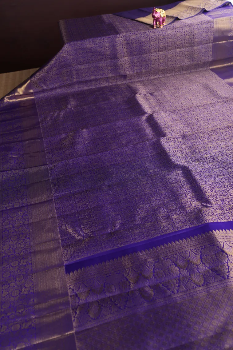Viola Purple Kanchipuram Silk Sarees with Silver Zari Floral Patterns view 2