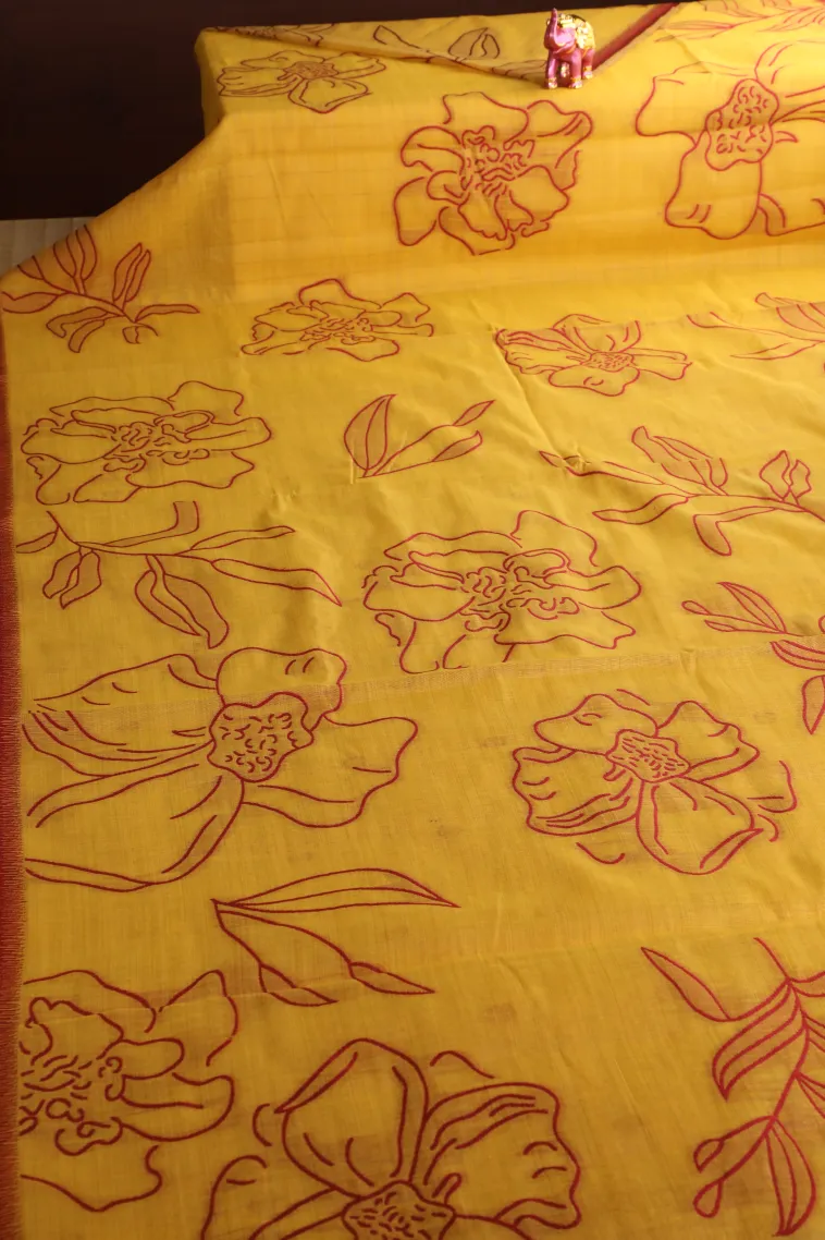 Lemon Yellow Linen Saree Without Zari With Floral Patterns view 2