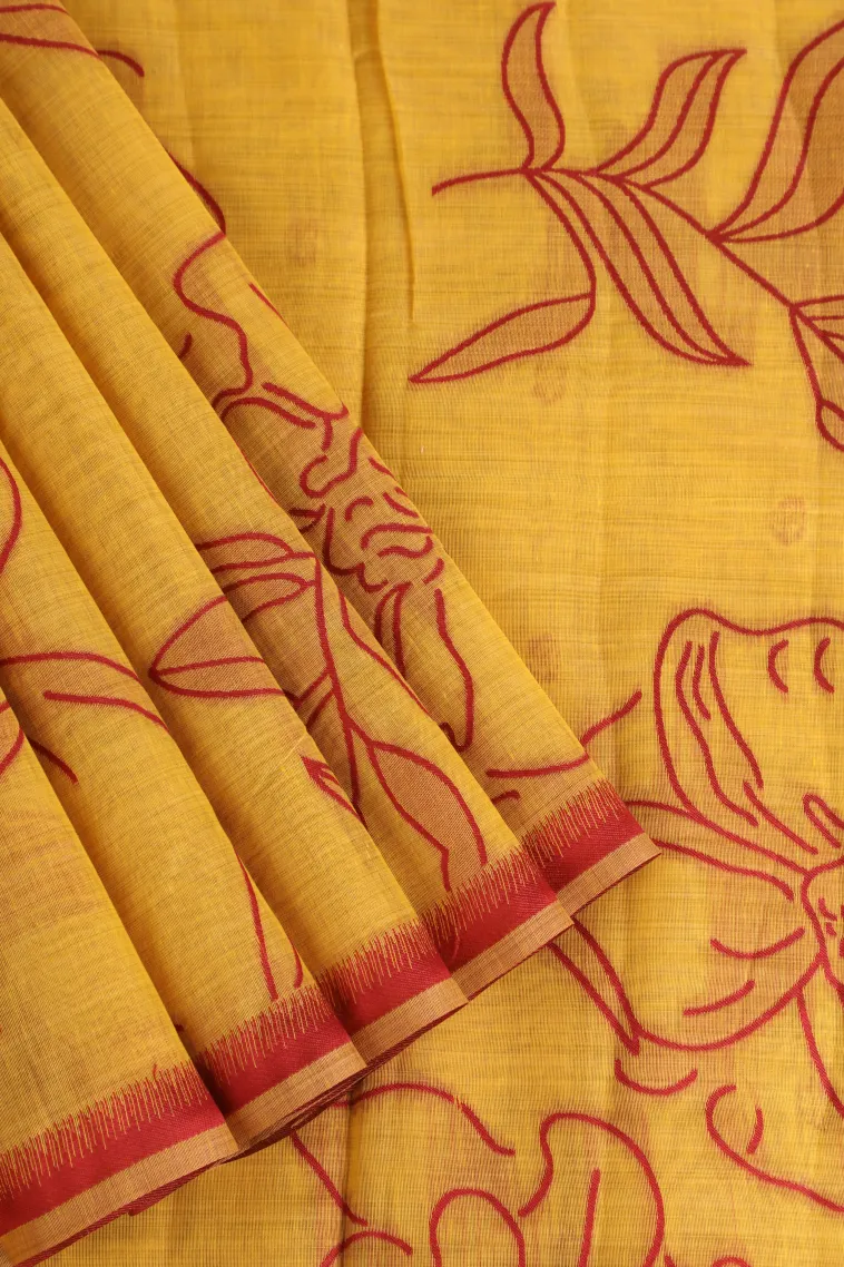Lemon Yellow Linen Saree Without Zari With Floral Patterns