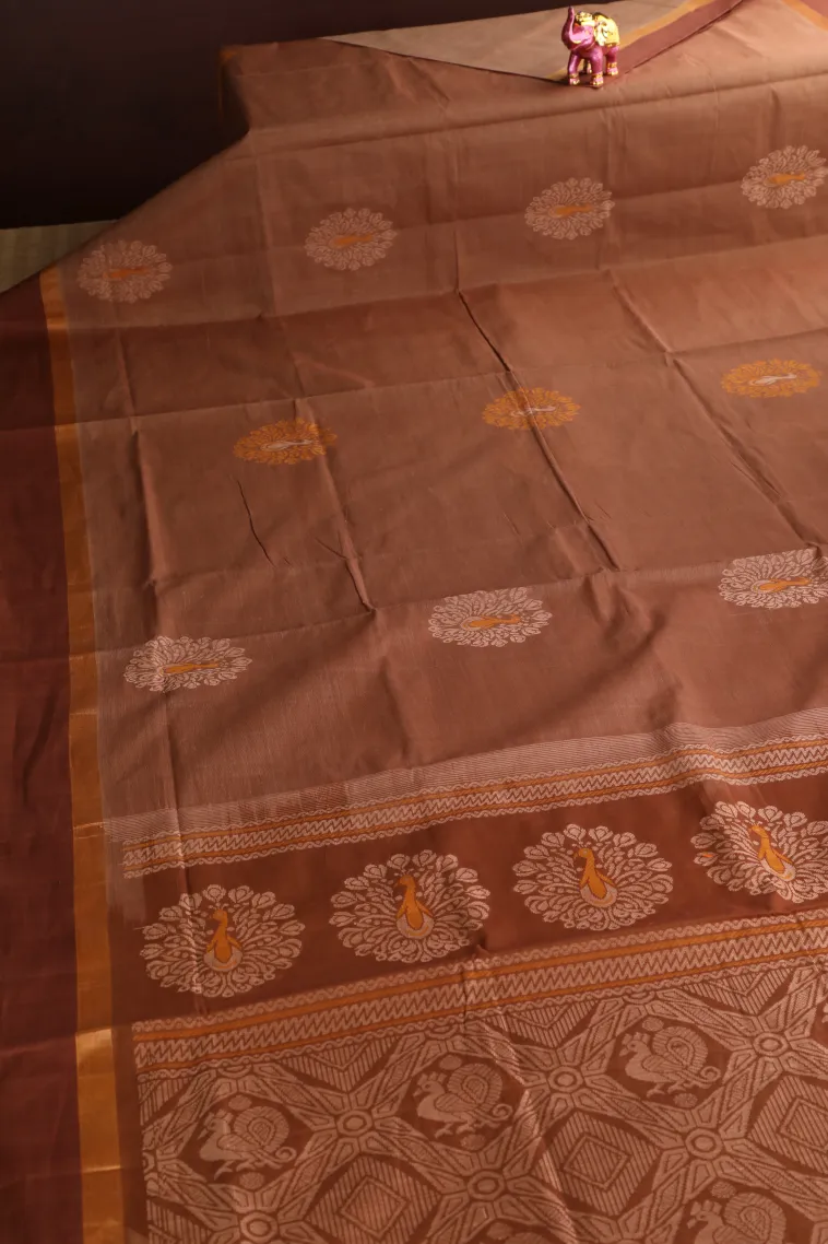 Peanut Brown Pure Handloom Kovai Cotton with Gold Zari Peacock Motifs view 2