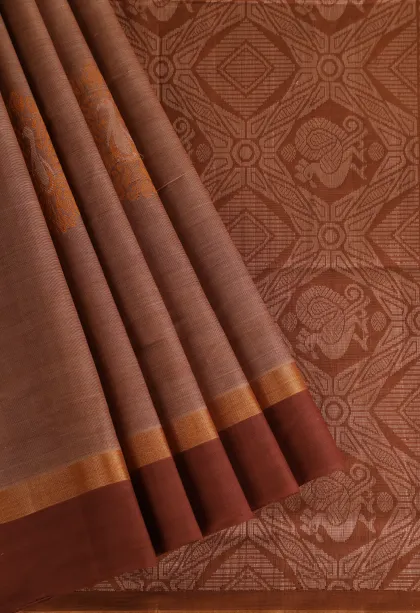 Peanut Brown Pure Handloom Kovai Cotton with Gold Zari Peacock Motifs