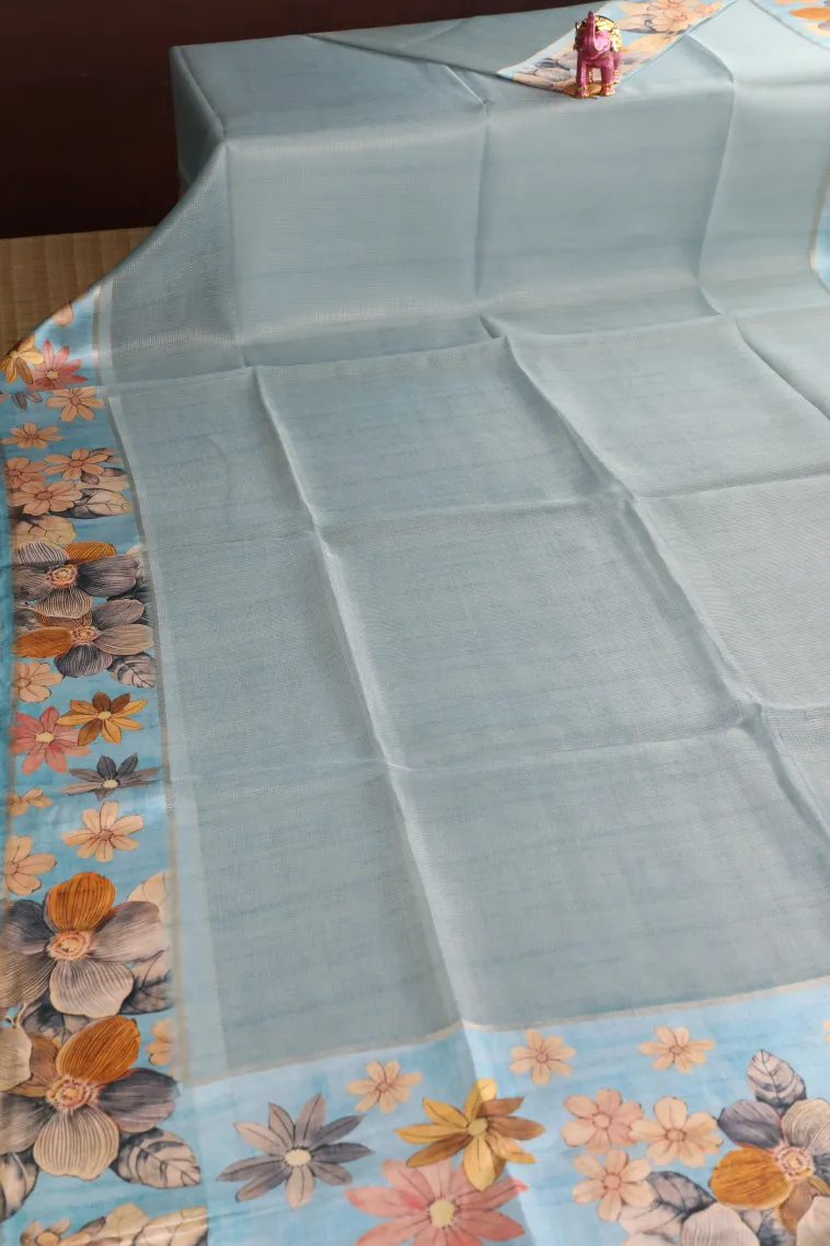 Arctic Blue Organza Saree with Gold Zari Plain view 2
