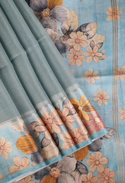 Arctic Blue Organza Saree with Gold Zari Plain