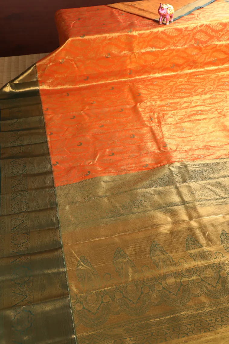 Carrot Orange Apoorva Silk Sarees with Gold Zari Floral Patterns view 2