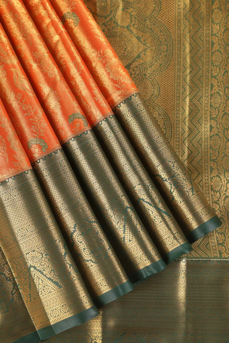Carrot Orange Apoorva Silk Sarees with Gold Zari Floral Patterns
