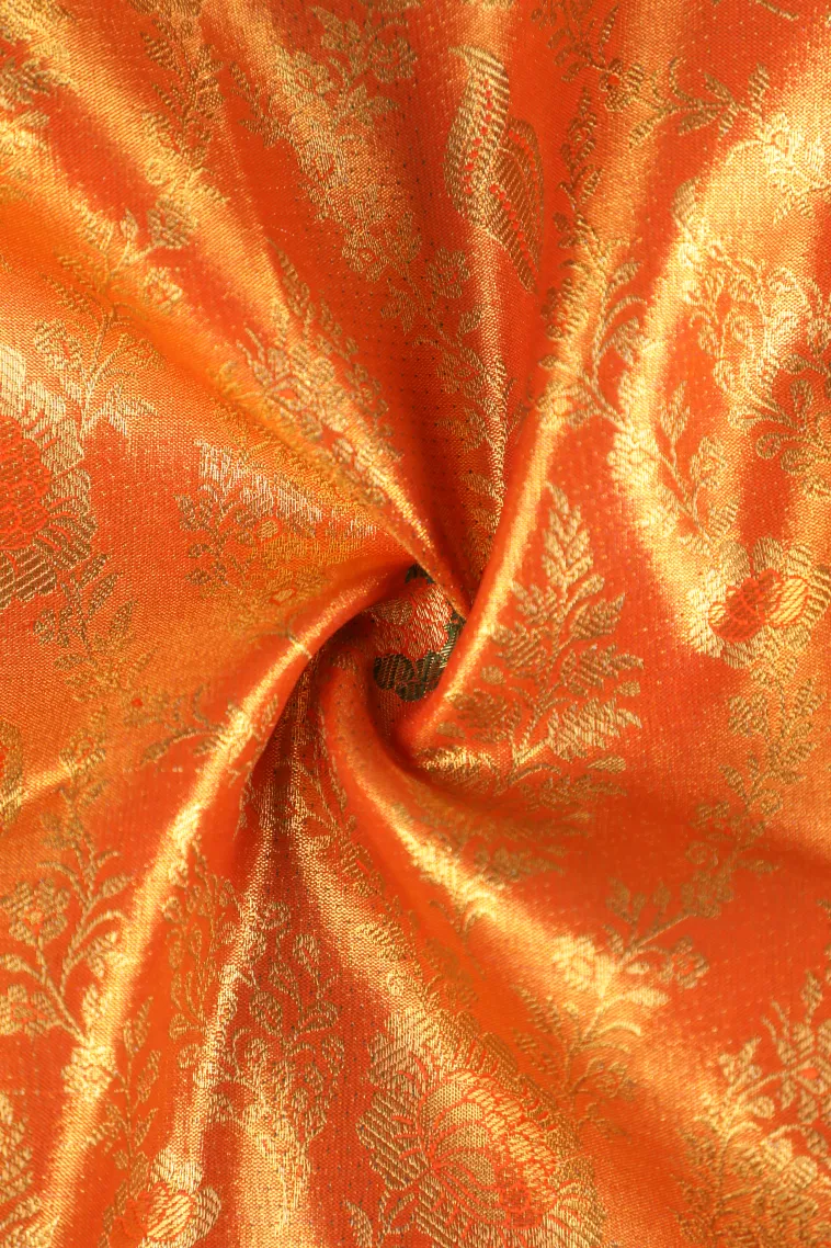 Carrot Orange Apoorva Silk Sarees with Gold Zari Floral Patterns view 4