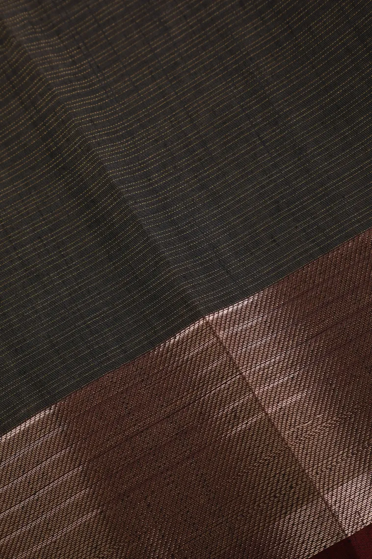 Granite Black Linen Saree with Gold Zari Floral Patterns view 3