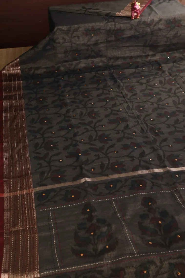 Granite Black Linen Saree with Gold Zari Floral Patterns view 2