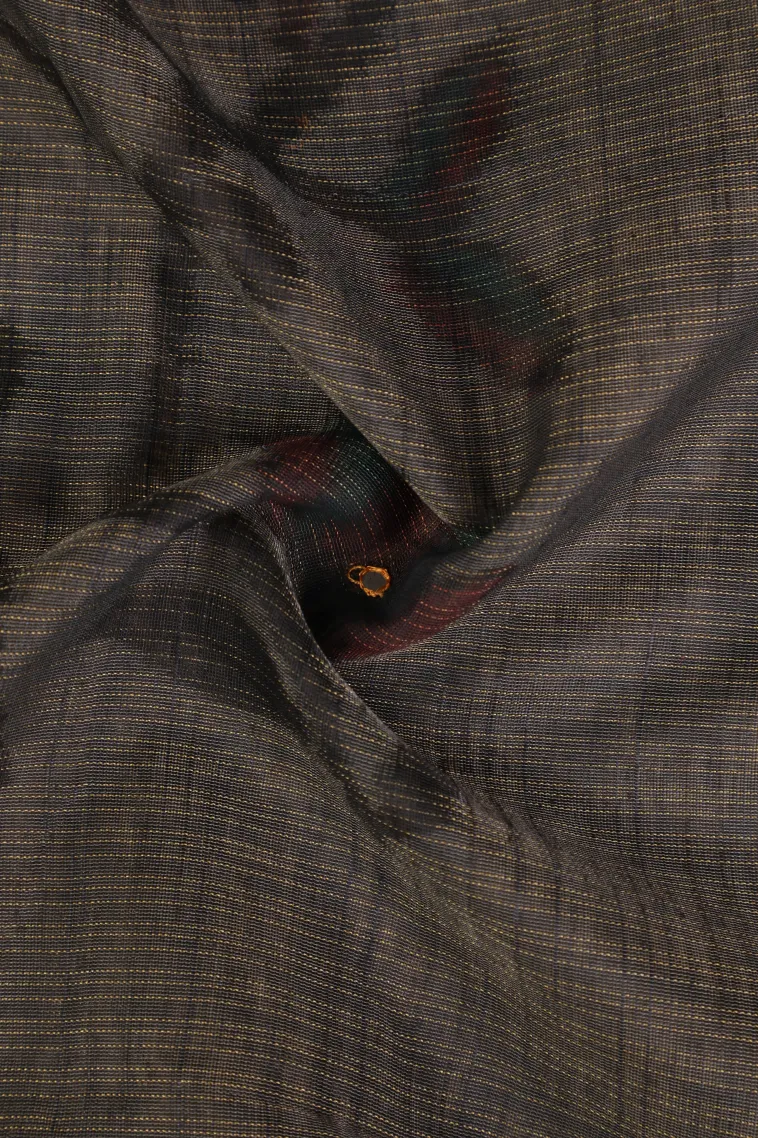 Granite Black Linen Saree with Gold Zari Floral Patterns view 4