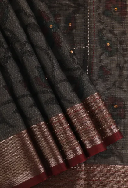 Granite Black Linen Saree with Gold Zari Floral Patterns