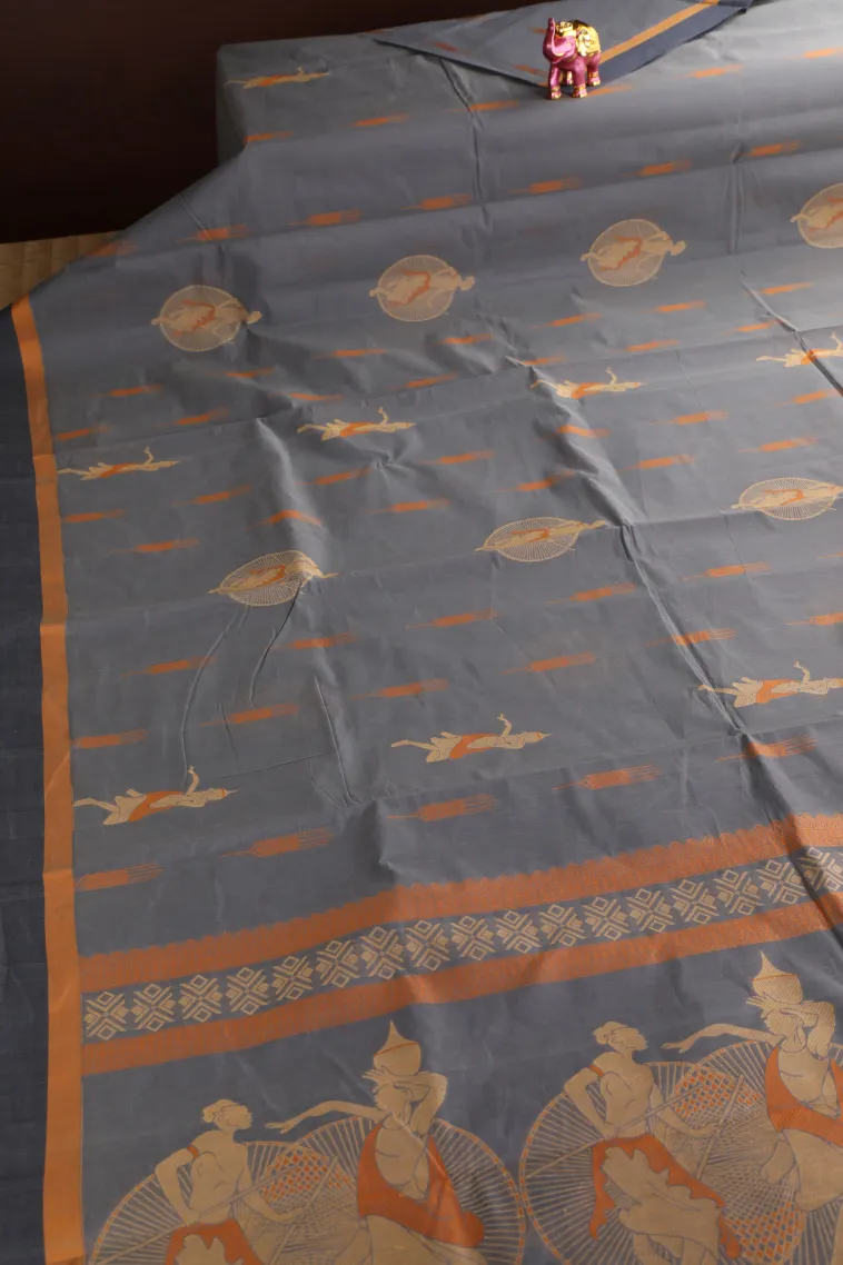 Stone Blue Pure Handloom Kovai Cotton Without Zari With Tribal Or Folk Art view 2