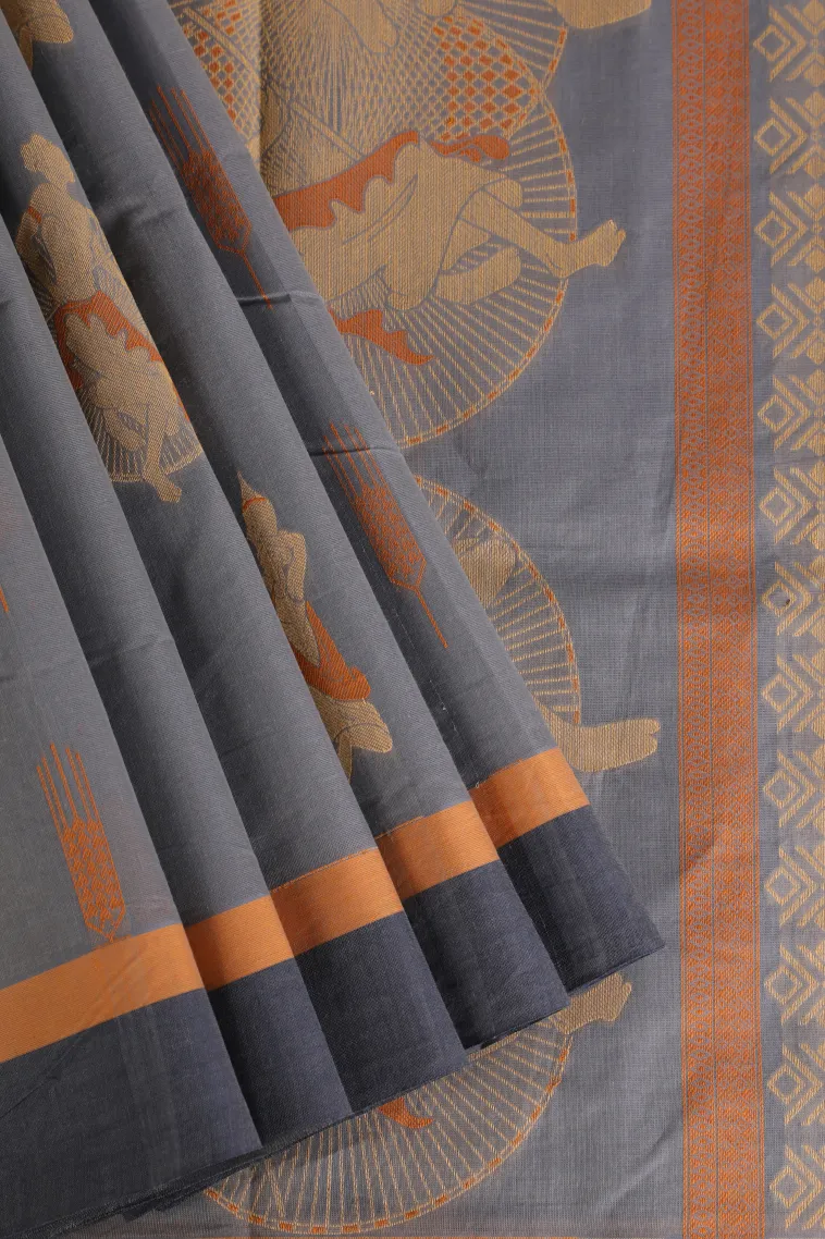 Stone Blue Pure Handloom Kovai Cotton Without Zari With Tribal Or Folk Art