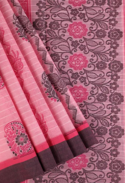 Rose Pink Pure Handloom Kovai Cotton Without Zari With Mango Puttas