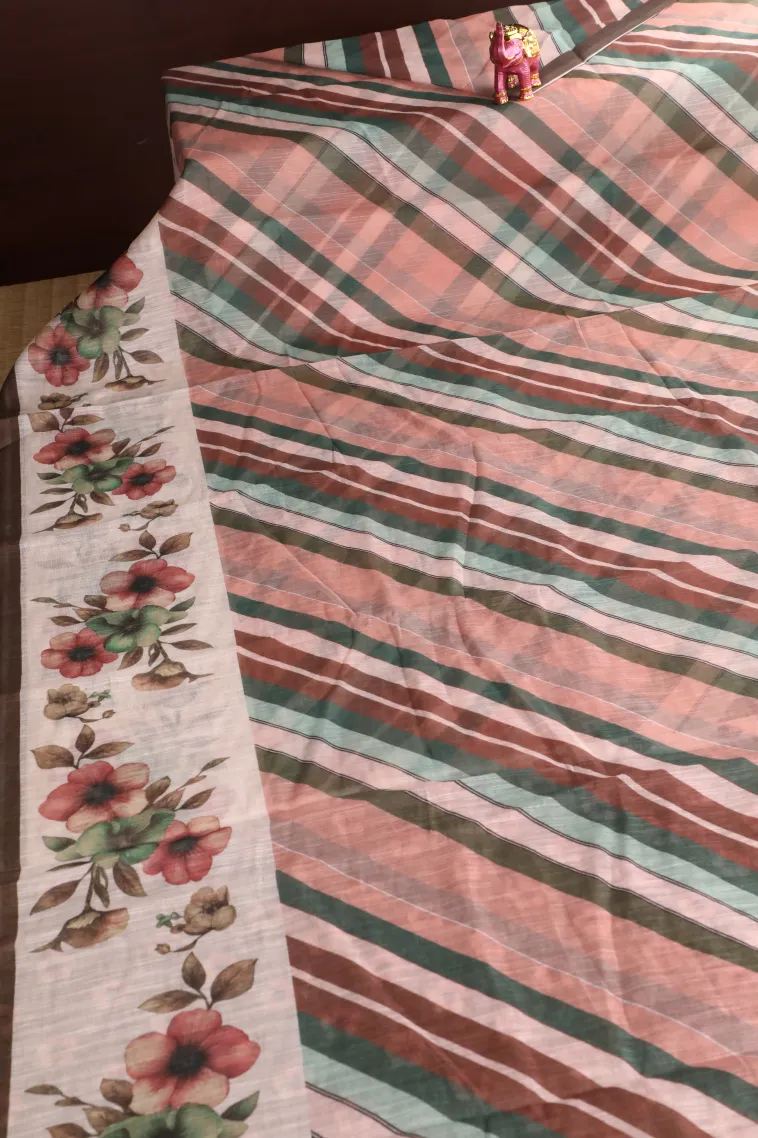Peach Pink Linen Saree Without Zari With Cross Straipes view 2