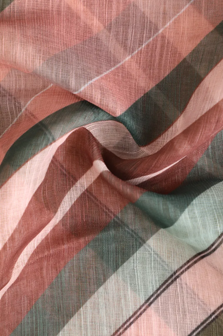 Peach Pink Linen Saree Without Zari With Cross Straipes view 4