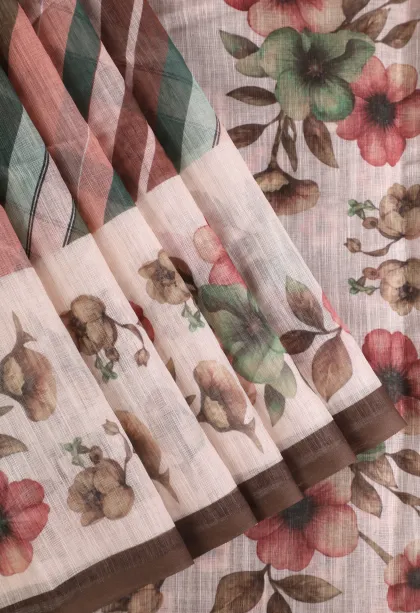 Peach Pink Linen Saree Without Zari With Cross Straipes