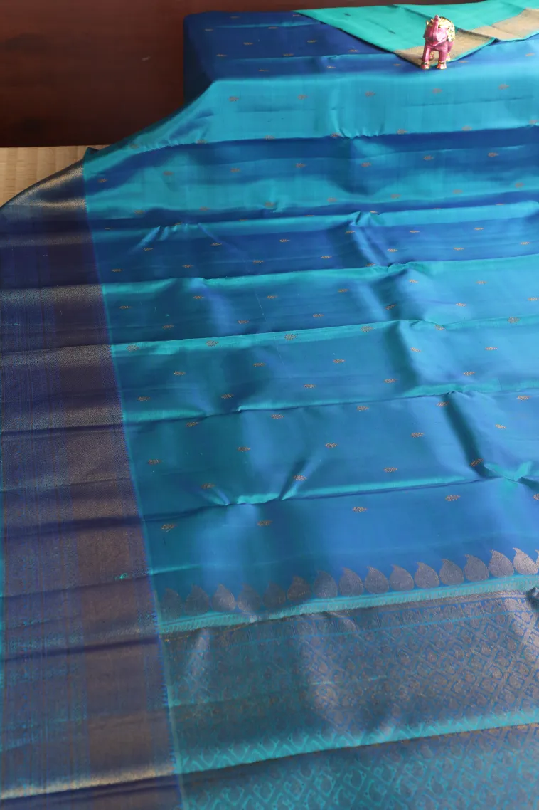 Cerulean Blue Kanchipuram Silk Sarees with Gold Zari Buttis (small Dots Or Motifs) view 2