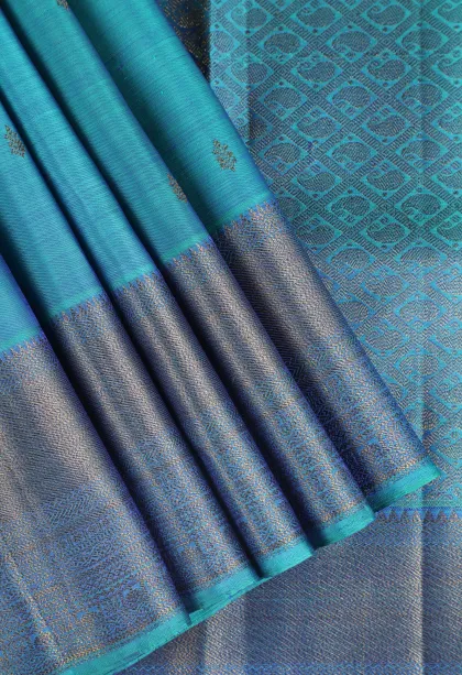 Cerulean Blue Kanchipuram Silk Sarees with Gold Zari Buttis (small Dots Or Motifs)