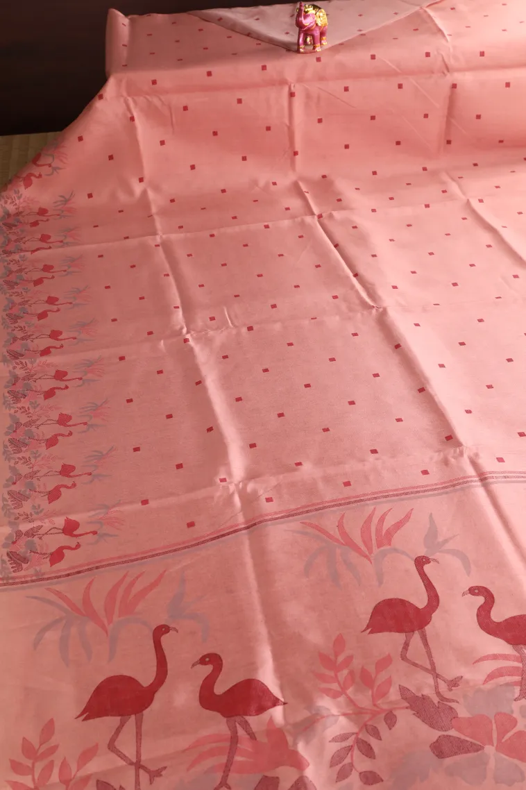 Rose Pink Semi Tussar Silk Without Zari With Birds Mottif view 2