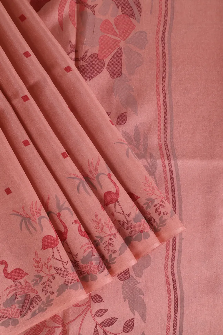 Rose Pink Semi Tussar Silk Without Zari With Birds Mottif