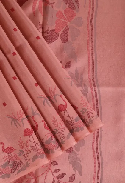 Rose Pink Semi Tussar Silk Without Zari With Birds Mottif