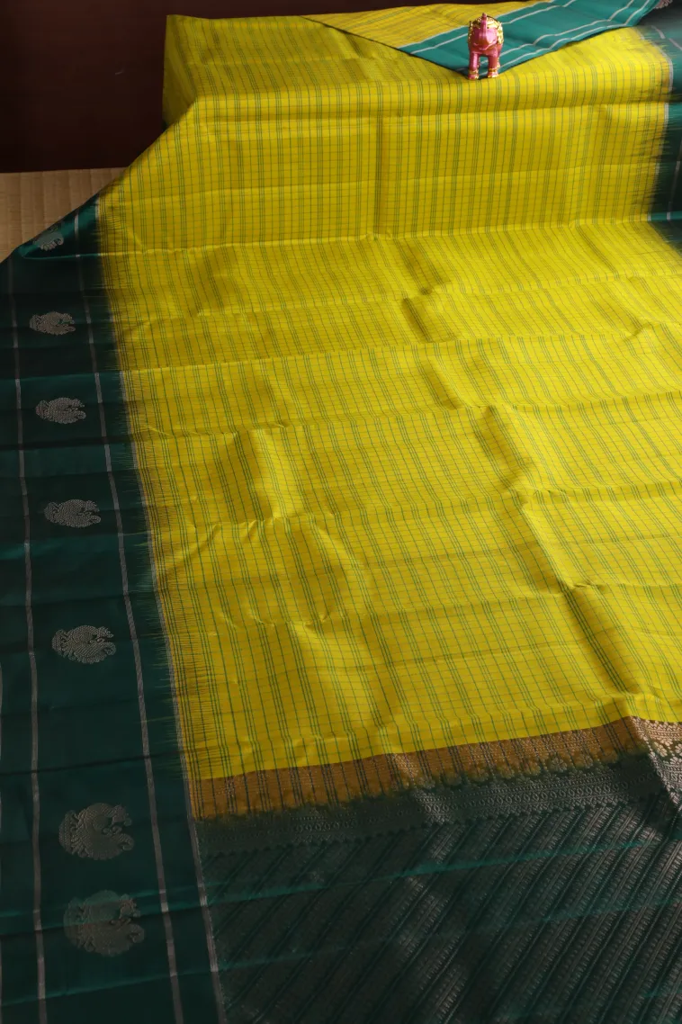 Lemon Yellow Soft Silk Saree with Silver Zari Checks view 2