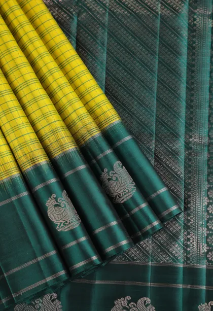 Lemon Yellow Soft Silk Saree with Silver Zari Checks