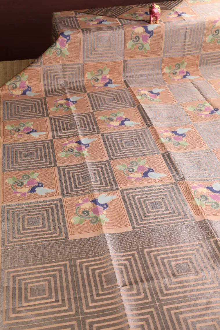 Peach Pink Tussar Saree with Silver Zari Geometric Shapes view 2