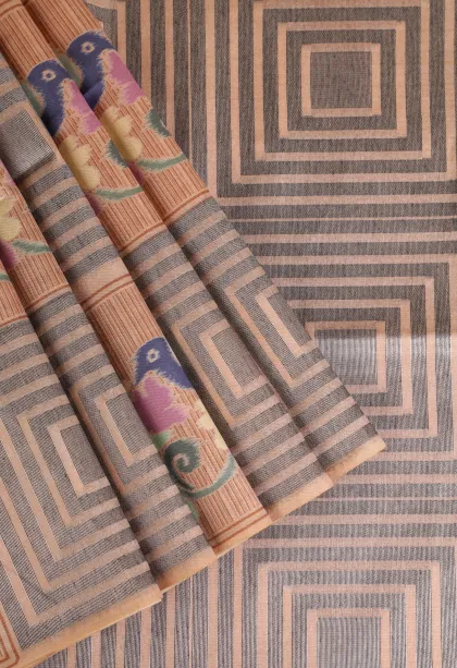 Peach Pink Tussar Saree with Silver Zari Geometric Shapes
