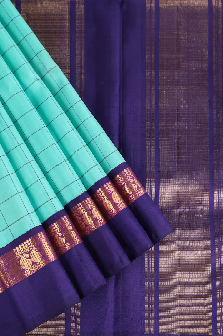 Arctic Blue Kanchipuram Silk Sarees with Gold Zari Checks